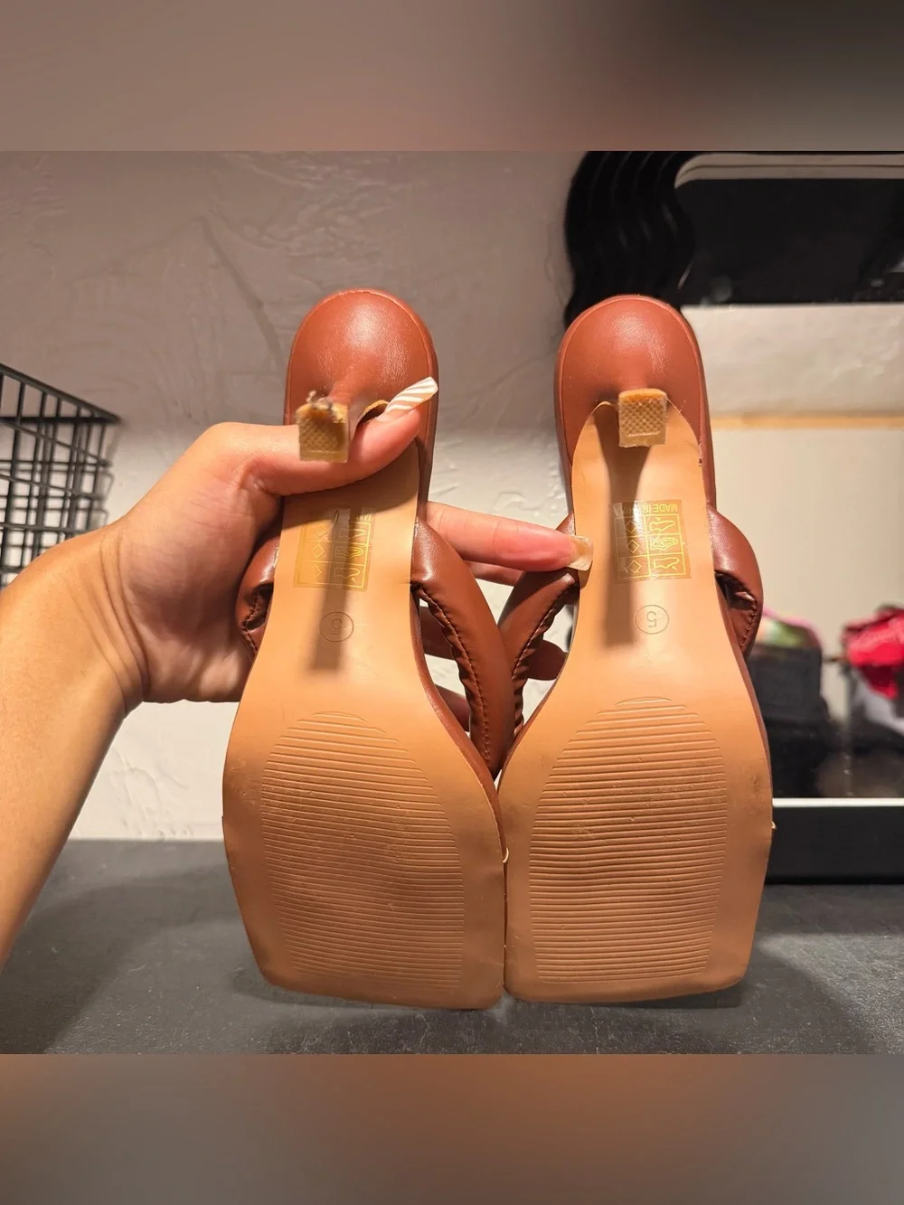 PrettyLittleThing Brown Square-Toe Heeled Thong Sandals